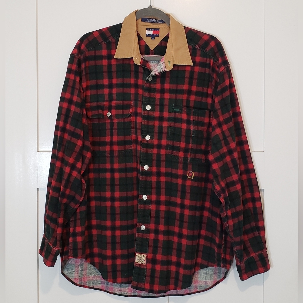 Tommy Hilfiger Vintage Corduroy Shirt Size Large Red Black Buffalo Plaid…